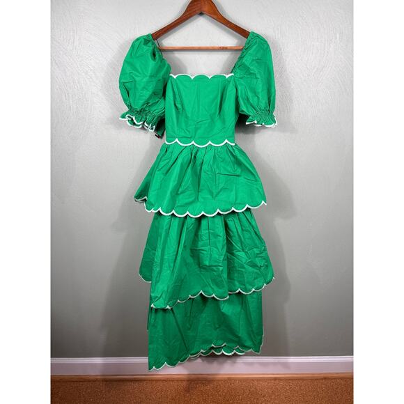 English Factory Women's Size XS Green Tiered Scalloped Puff Sleeve Maxi Dress - Picture 8 of 10